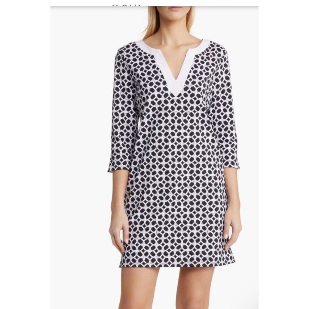 Tommy Bahama Island Aubrey Interlock Bay Dress Long Sleeve Pockets Medium Black